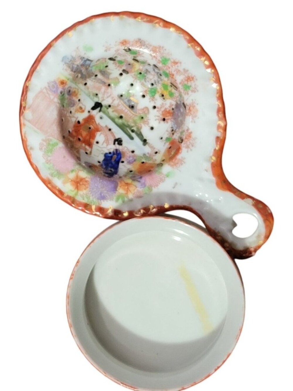 Handpainted Porcelain 2pc Tea Strainer Stand Florals Landscape Geishas Japan